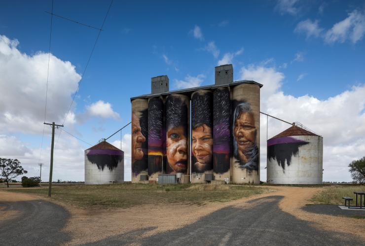 Painted silos on the Silo Art Trail in Sheep Hills © Visit Victoria Painted silos on the Silo Art Trail in Sheep Hills © Visit Victoria