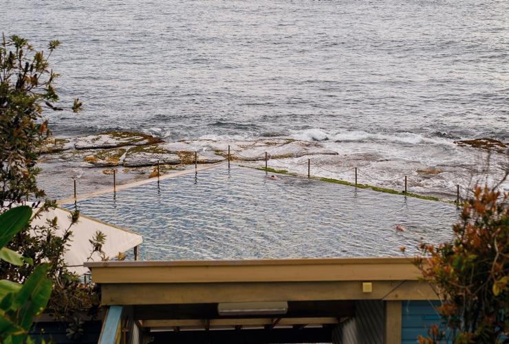 Blick über den Eingang zu Wylie's Baths mit einer Person, die im ruhigen Wasser dahinter schwimmt, und dem Ozean im Hintergrund, Coogee, New South Wales © Destination NSW