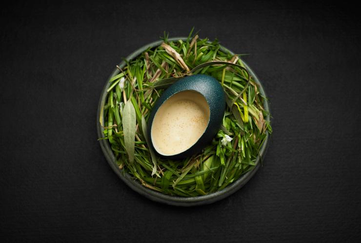 Whipped emu egg on a bed of greens at Attica, Melbourne, Victoria © Attica 