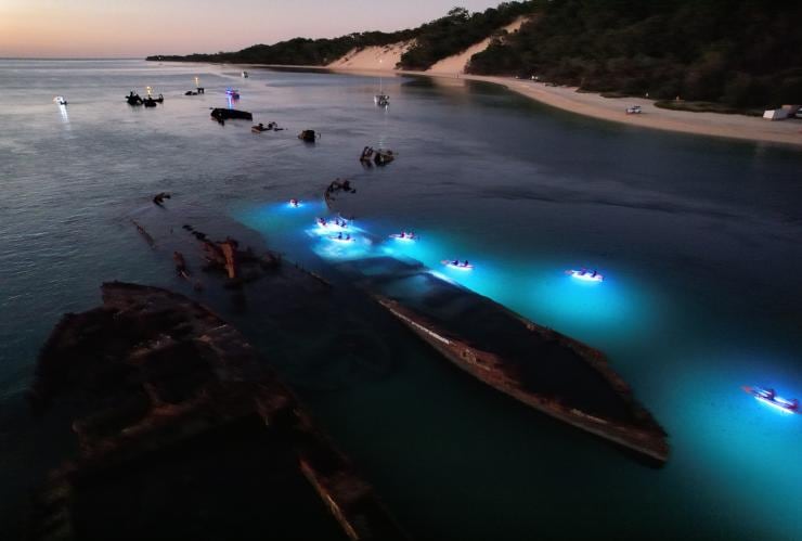 A group of people on kayaks with bright blue lights paddling around a shipwreck near the shore of an island during dusk with  Sunset Safaris, Moreton Island, Queensland © Sunset Safaris