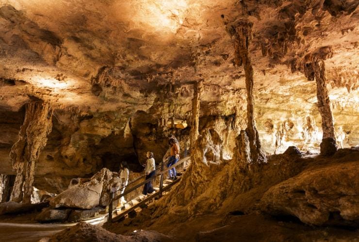 Sekelompok pengunjung menuruni tangga yang dikelilingi formasi bebatuan di Naracoorte Caves di malam hari, Naracoorte, South Australia © Tourism Australia
