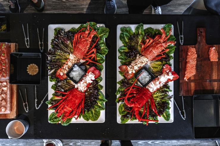 Lobster merah segar disajikan di atas piring dalam tur bersama Tasmanian Wild Seafood Adventures, Hobart, Tasmania © Tourism Australia