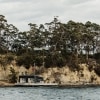 從對岸眺望塔斯曼尼亞衛星島上的海濱住宿、岩壁和綠林景致©Adam Gibson