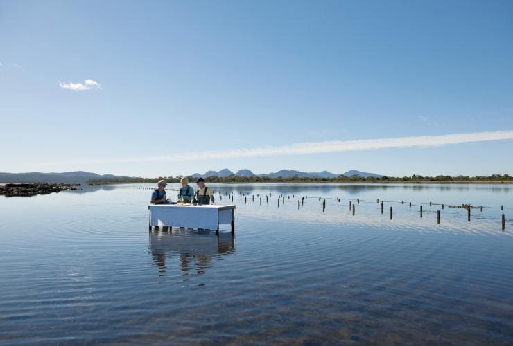 塔斯曼尼亞Saffire Freycinet的菲欣納海洋生蠔養殖場內，三人穿著水靴站在海中的餐桌旁享用葡萄酒和蠔©塔斯曼尼亞旅遊局